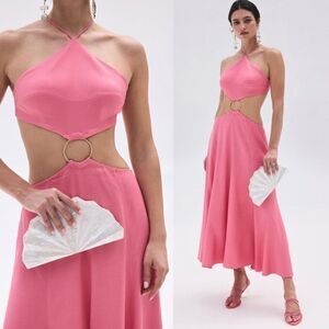 NWT Cult Gaia Dress‎ Nadeesha Cut Out O-ring Pink Halter Midi Dress Size L